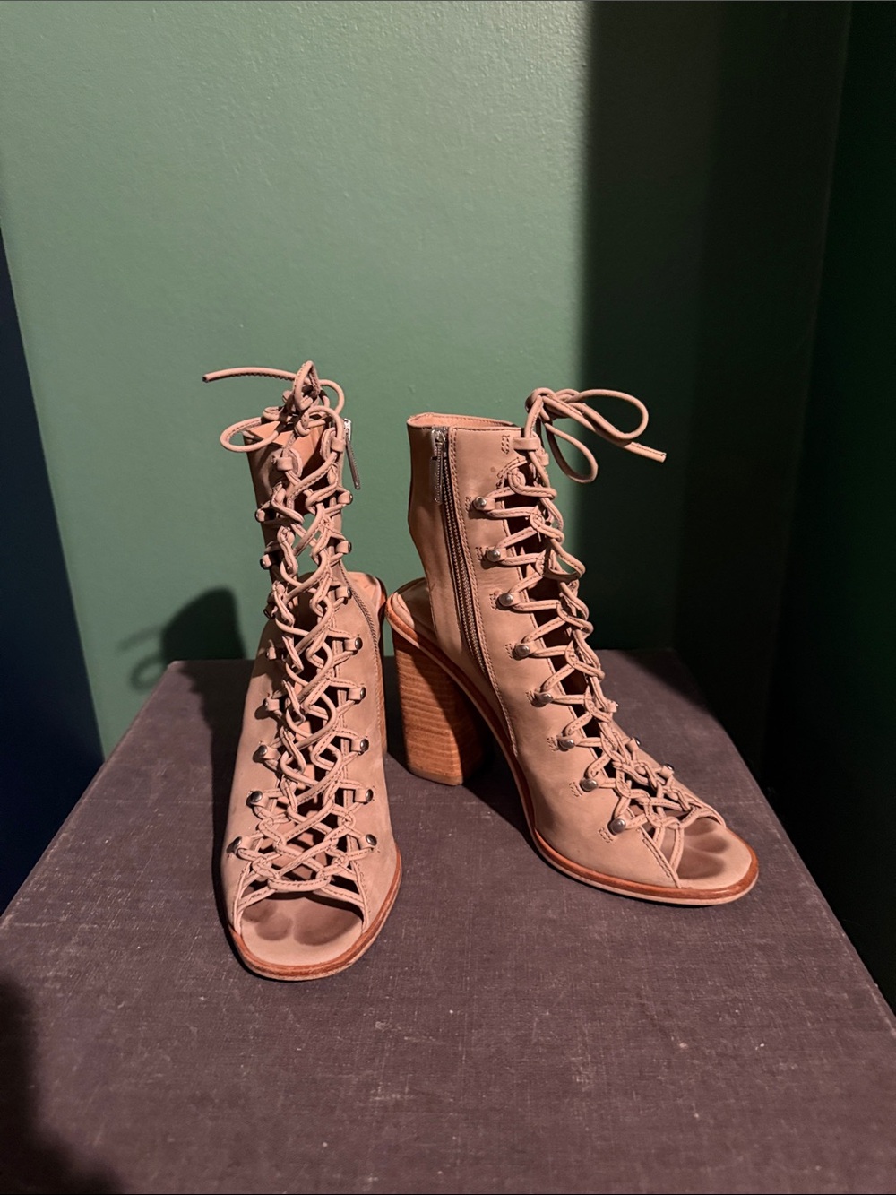 Lace-Up Peep Toe Block Heel Boots - Beige